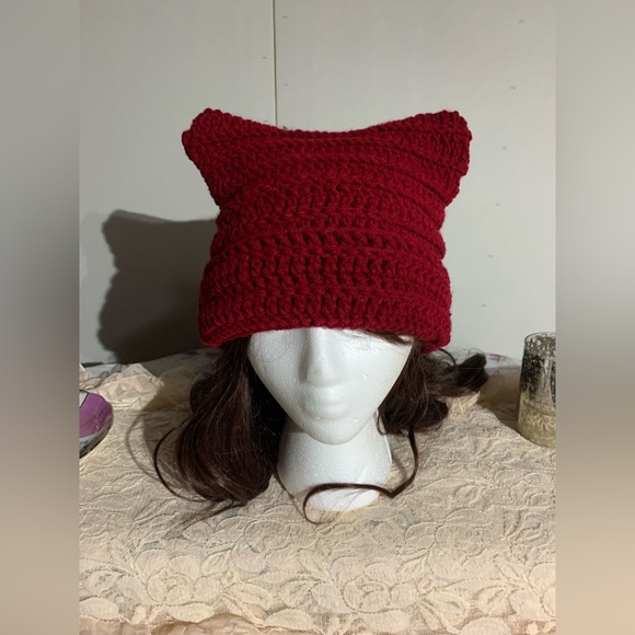 ❌SOLD😻Handmade Dark Red Cat Beanie Hat - Picture 5 of 5